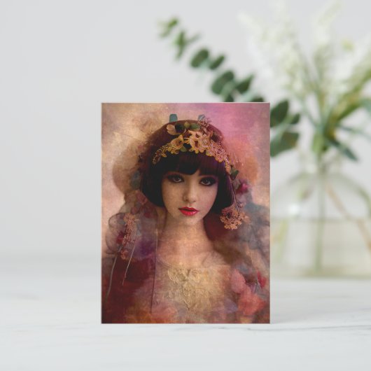 ヴィンテージスタイルポートレートの美しい女性ピンク ポストカード (スタンド正面)