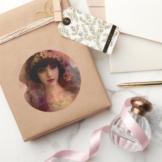 ヴィンテージスタイルポートレートの美しい女性ピンク ラウンドシール (ギフト)