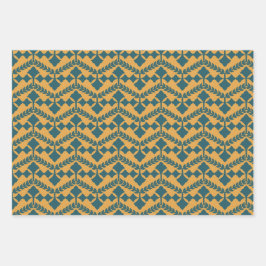 ヴィンテージスタイルマスタード及びティール（緑がかった色） ラッピングペーパーシート