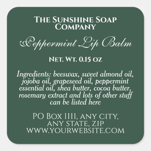 ヴィンテージスタイルリップクリーム管ラベル – 緑 スクエアシール (正面)
