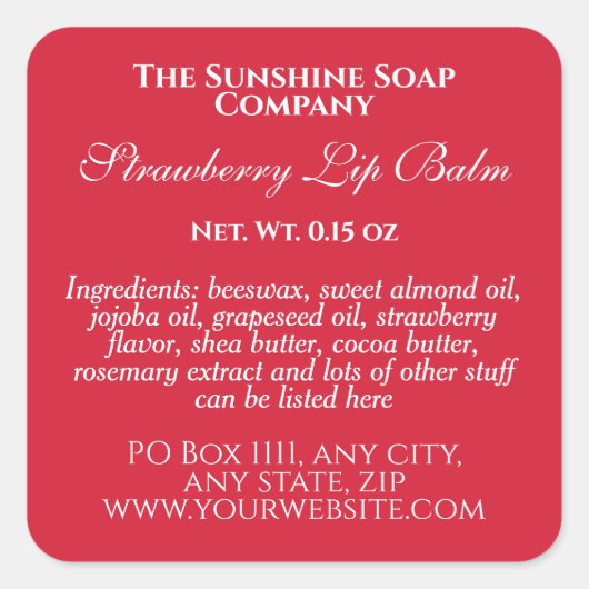 ヴィンテージスタイルリップクリーム管ラベル – 赤 スクエアシール (正面)
