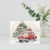 ヴィンテージスタイルレッドカーとクリスマスツリーの挨拶 ポストカード (スタンド正面)