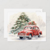 ヴィンテージスタイルレッドカーとクリスマスツリーの挨拶 ポストカード (正面/裏面)