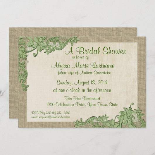 ヴィンテージスタイルレースデザインブライダルシャワー 招待状 (正面/裏面)