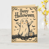 ヴィンテージスタイル刻印ハロウィーンかわいい幽霊 カード (黄色い花)