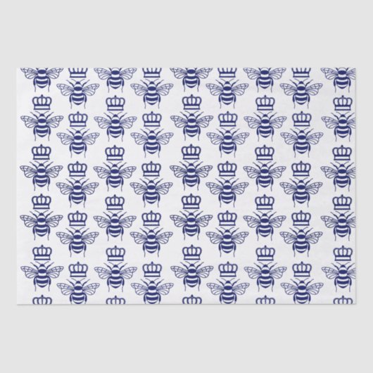 ヴィンテージスタイル化バンブルミツバチと王冠 – 青 薄葉紙 (正面)