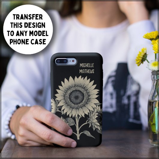 ヴィンテージスタイル単色花絵を描の花 iPhoneケース