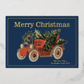 ヴィンテージスタイル古い赤いトラックの木メリークリスマス 箔シーズンカード (正面)