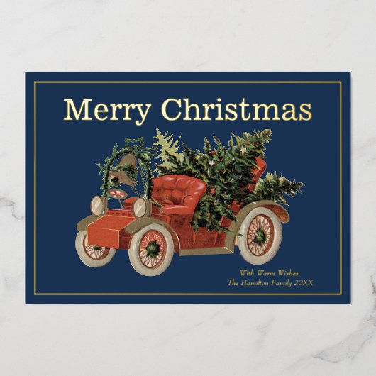 ヴィンテージスタイル古い赤いトラックの木メリークリスマス 箔シーズンカード (正面)