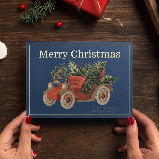 ヴィンテージスタイル古い赤いトラックの木メリークリスマス 箔シーズンカード