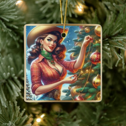 ヴィンテージスタイル女性のカーボーイクリスマス セラミックオーナメント (ツリー)