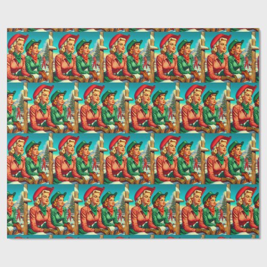 ヴィンテージスタイル女性のカーボーイクリスマス ラッピングペーパー (フラット)