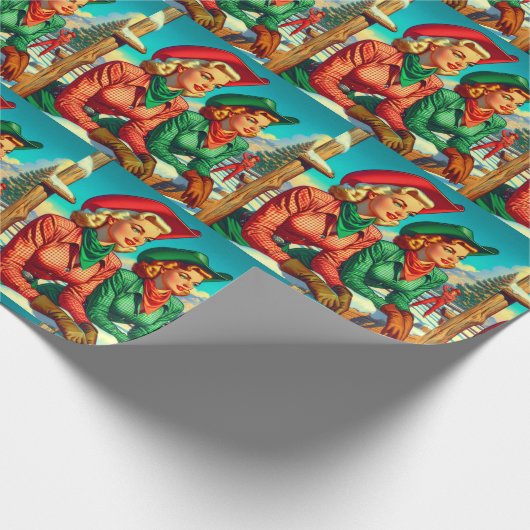 ヴィンテージスタイル女性のカーボーイクリスマス ラッピングペーパー (角)