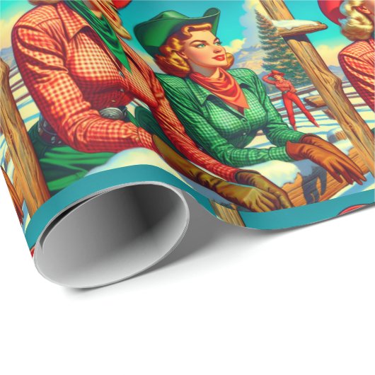 ヴィンテージスタイル女性のカーボーイクリスマス ラッピングペーパー (ロールコーナー)