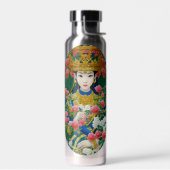 ヴィンテージスタイル抽象芸術アジアの女の子と花 ウォーターボトル (左面)