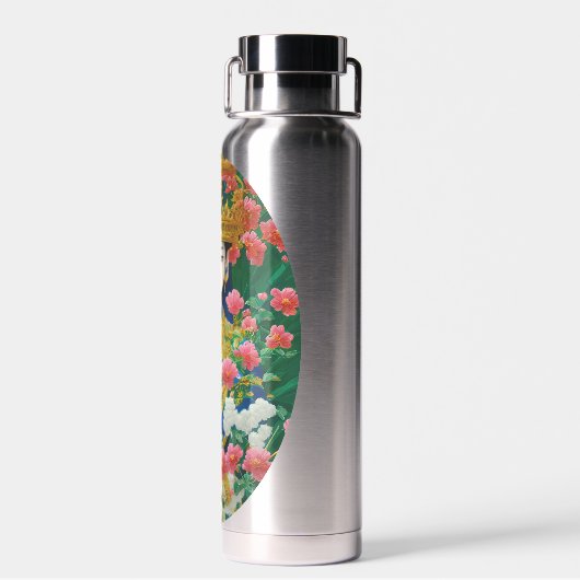 ヴィンテージスタイル抽象芸術アジアの女の子と花 ウォーターボトル (背面)