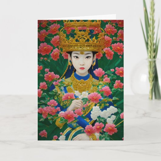 ヴィンテージスタイル抽象芸術アジアの女の子と花 カード (正面)