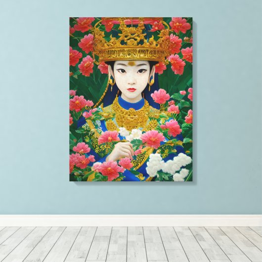 ヴィンテージスタイル抽象芸術アジアの女の子と花 キャンバスプリント (インサイチュ (ウッドフロア))