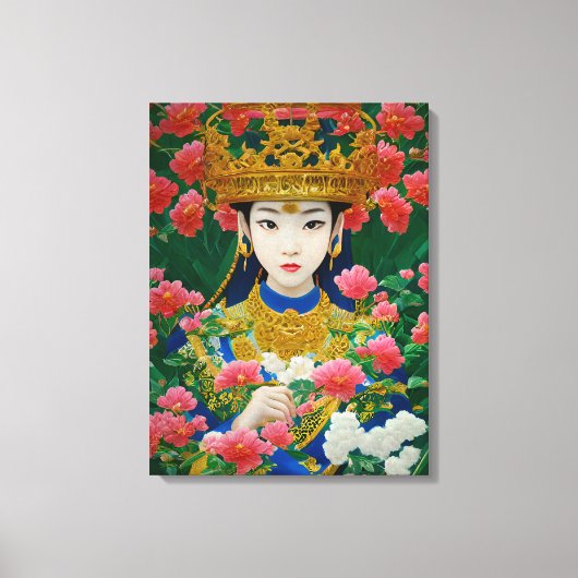 ヴィンテージスタイル抽象芸術アジアの女の子と花 キャンバスプリント (正面)