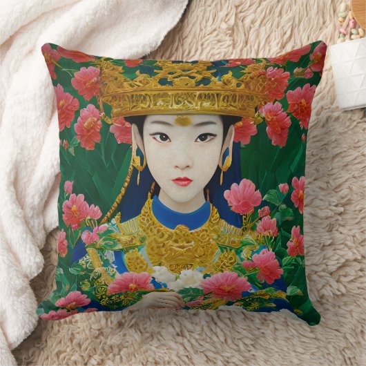 ヴィンテージスタイル抽象芸術アジアの女の子と花 クッション (ブランケット)