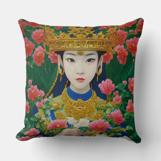 ヴィンテージスタイル抽象芸術アジアの女の子と花 クッション (正面)
