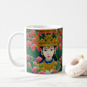 ヴィンテージスタイル抽象芸術アジアの女の子と花 コーヒーマグカップ