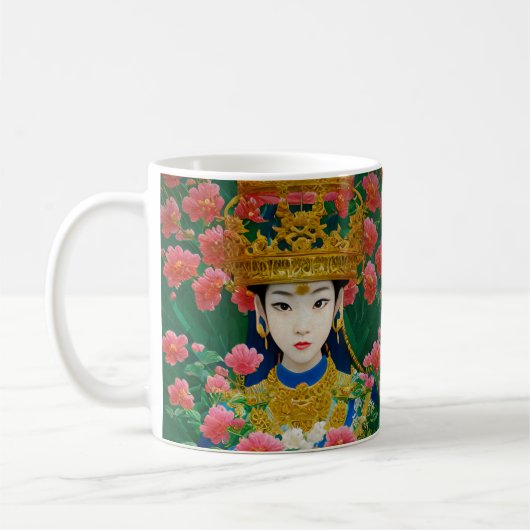 ヴィンテージスタイル抽象芸術アジアの女の子と花 コーヒーマグカップ (左)