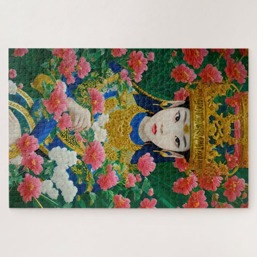 ヴィンテージスタイル抽象芸術アジアの女の子と花 ジグソーパズル (横)