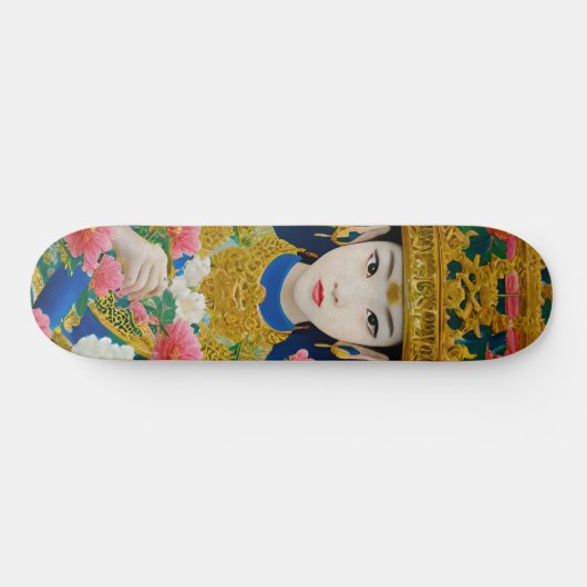 ヴィンテージスタイル抽象芸術アジアの女の子と花 スケートボード (横)