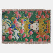 ヴィンテージスタイル抽象芸術アジアの女の子と花 スローブランケット (正面)
