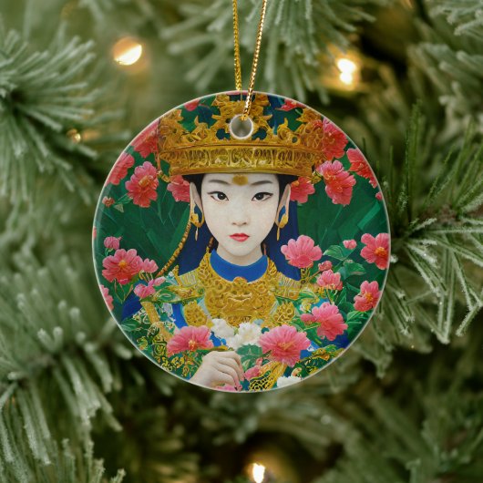 ヴィンテージスタイル抽象芸術アジアの女の子と花 セラミックオーナメント (ツリー)