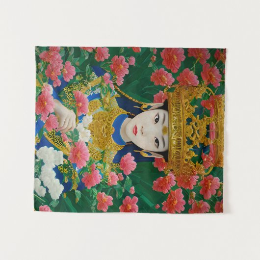 ヴィンテージスタイル抽象芸術アジアの女の子と花 タペストリー (正面(横))