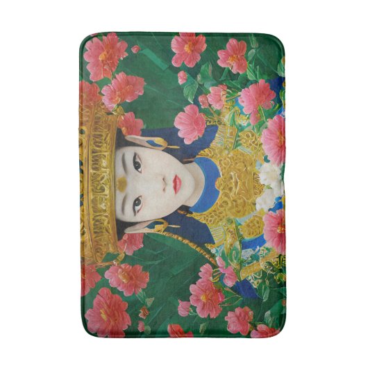 ヴィンテージスタイル抽象芸術アジアの女の子と花 バスマット (正面縦)