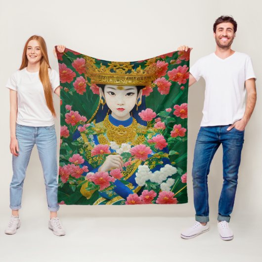 ヴィンテージスタイル抽象芸術アジアの女の子と花 フリースブランケット (インサイチュ)