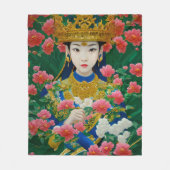 ヴィンテージスタイル抽象芸術アジアの女の子と花 フリースブランケット (正面)