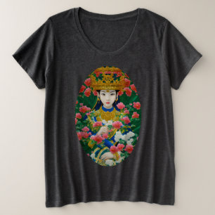 ヴィンテージスタイル抽象芸術アジアの女の子と花 プラスサイズTシャツ