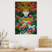 ヴィンテージスタイル抽象芸術アジアの女の子と花 ポスター (キッチン)