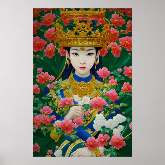 ヴィンテージスタイル抽象芸術アジアの女の子と花 ポスター (正面)