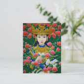 ヴィンテージスタイル抽象芸術アジアの女の子と花 ポストカード (スタンド正面)