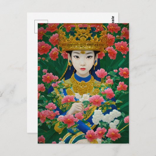 ヴィンテージスタイル抽象芸術アジアの女の子と花 ポストカード (正面/裏面)