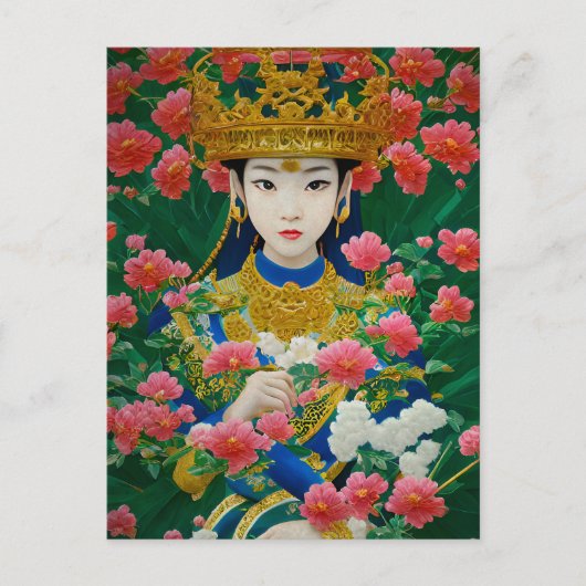 ヴィンテージスタイル抽象芸術アジアの女の子と花 ポストカード (正面)