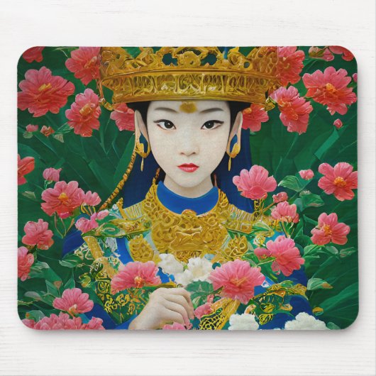 ヴィンテージスタイル抽象芸術アジアの女の子と花 マウスパッド (正面)