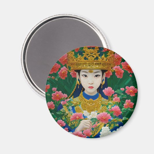 ヴィンテージスタイル抽象芸術アジアの女の子と花 マグネット (正面/裏面)