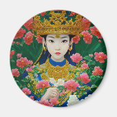 ヴィンテージスタイル抽象芸術アジアの女の子と花 マグネット (正面)