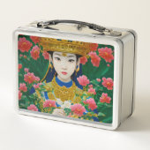 ヴィンテージスタイル抽象芸術アジアの女の子と花 メタルランチボックス (裏面)