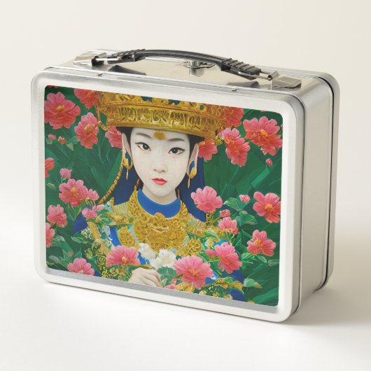 ヴィンテージスタイル抽象芸術アジアの女の子と花 メタルランチボックス (裏面)