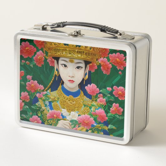 ヴィンテージスタイル抽象芸術アジアの女の子と花 メタルランチボックス (正面)