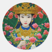 ヴィンテージスタイル抽象芸術アジアの女の子と花 ラウンドシール (正面)