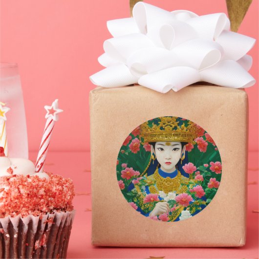 ヴィンテージスタイル抽象芸術アジアの女の子と花 ラウンドシール (パーティー)