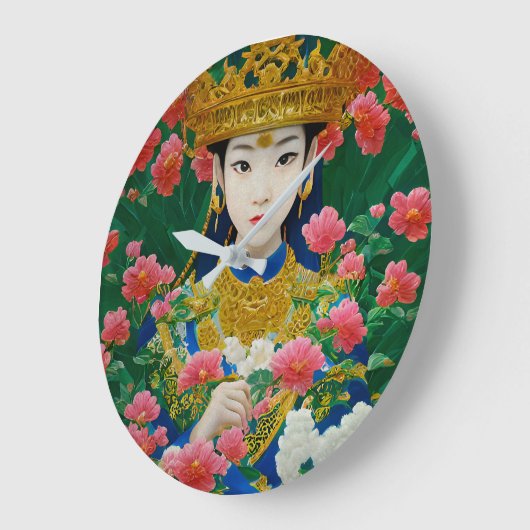 ヴィンテージスタイル抽象芸術アジアの女の子と花 ラージ壁時計 (傾斜)
